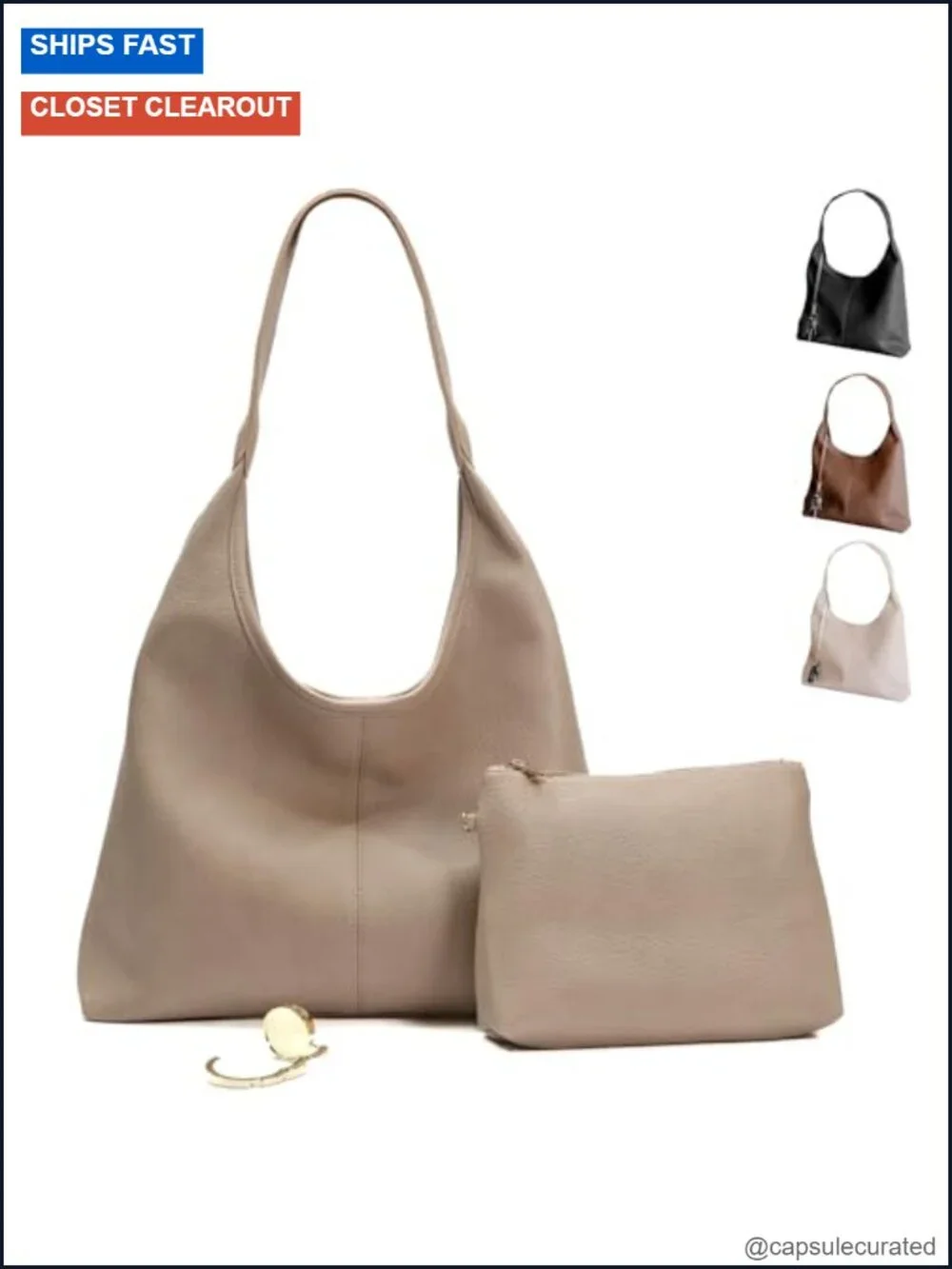 Vegan Leather Hobo Bag with Zippered Pockets Slouchy Shoulder Strap Purse